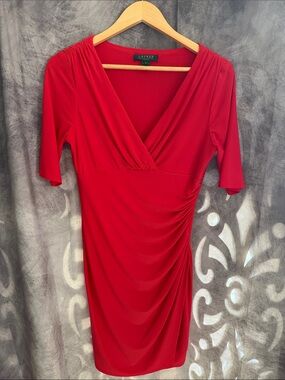Lauren Ralph Lauren Red Faux-Wrap Ruched Midi Dress